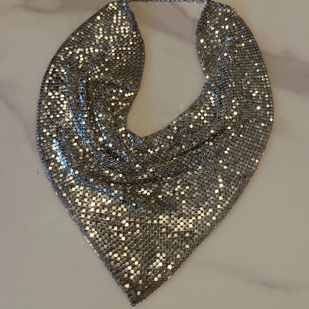 Vintage Whiting & Davis Silver Mesh Bib Necklace - Picture 6 of 6